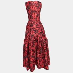 Pre Owned CH Carolina Herrera Red Floral Jacquard Sleeveless Flared Maxi Dress S