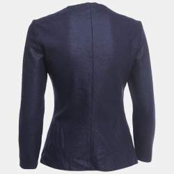 Pre Owned CH Carolina Herrera Navy Blue Wool Zip Front Draped Full Sleeve Blouse M