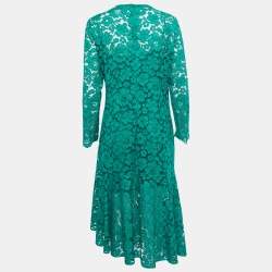 Pre Owned CH Carolina Herrera Green Floral Lace Full Sleeve Flared Midi Dress S