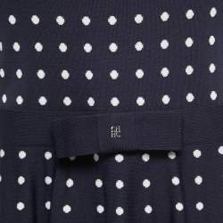 Pre Owned CH Carolina Herrera Navy Blue Dotted Knit Bow Detail Peplum Top S