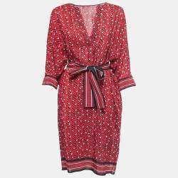 مملوكة مسبقًا CH Carolina Herrera Red Printed Silk Belted Tunic Mini Dress S