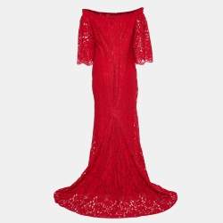 Pre Owned CH Carolina Herrera Red Lace Bell Sleeve Gown L