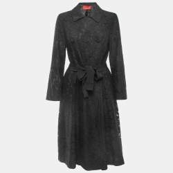 Pre Owned CH Carolina Herrera Black Floral Lace Belted Coat M