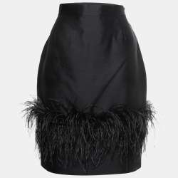 CH Carolina Herrera Black Silk Blend Feather Trimmed Knee Length Skirt M