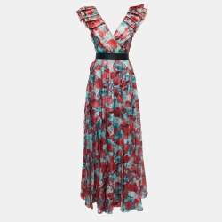 مملوكة مسبقًا CH Carolina Herrera Red Floral Print Silk Ruffled Belted Maxi Dress S
