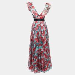 مملوكة مسبقًا CH Carolina Herrera Red Floral Print Silk Ruffled Belted Maxi Dress S