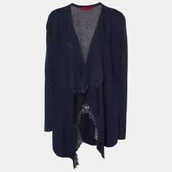 CH Carolina Herrera Navy Blue Wool Knit & Lace Trim Open Front Shrug S