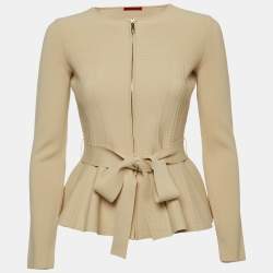 CH Carolina Herrera Beige Knit Belted Peplum Jacket XXS