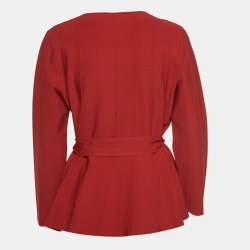 Pre Owned CH Carolina Herrera Red Knit Zip-Up Peplum Jacket L