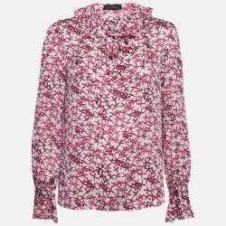 Pre Owned CH Carolina Herrera Pink Printed Satin Ruffled Blouse M