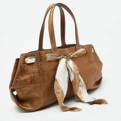 CH Carolina Herrera Bronze Monogram Embossed Leather Scarf Tote