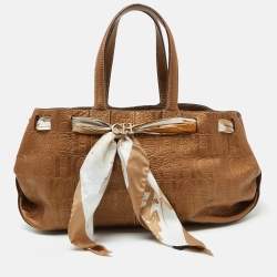 CH Carolina Herrera Bronze Monogram Embossed Leather Scarf Tote