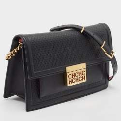Pre Owned CH Carolina Herrera Black Monogram Embossed Leather Flap Shoulder Bag