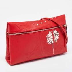 Pre Owned CH Carolina Herrera Red Leather Front Zip Crossbody Bag