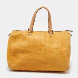 Pre Owned CH Carolina Herrera Mustard Monogram Embossed Leather Large Andy Boston Bag