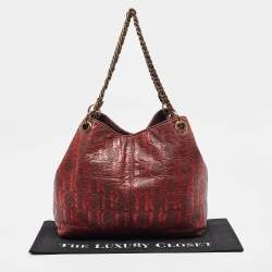 Pre Owned CH Carolina Herrera Burgundy/Red Metallic Perforated Monogram Leather Chain Tote