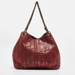 Pre Owned CH Carolina Herrera Burgundy/Red Metallic Perforated Monogram Leather Chain Tote