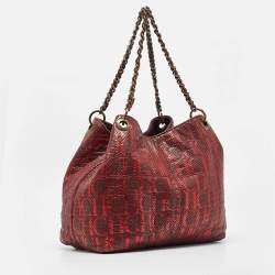 Pre Owned CH Carolina Herrera Burgundy/Red Metallic Perforated Monogram Leather Chain Tote