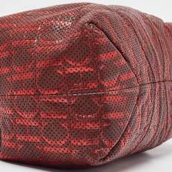 Pre Owned CH Carolina Herrera Burgundy/Red Metallic Perforated Monogram Leather Chain Tote