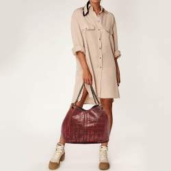 Pre Owned CH Carolina Herrera Burgundy/Red Metallic Perforated Monogram Leather Chain Tote