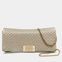 CH Carolina Herrera Metallic Gold Quilted Leather Flap Clutch