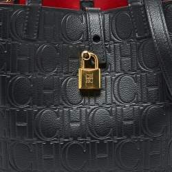 Pre Owned CH Carolina Herrera Black Monogram Embossed Leather Small Matryoshka Locked Tote