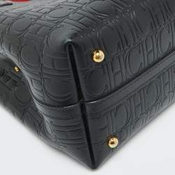 Pre Owned CH Carolina Herrera Black Monogram Embossed Leather Small Matryoshka Locked Tote