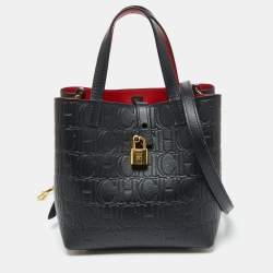 Pre Owned CH Carolina Herrera Black Monogram Embossed Leather Small Matryoshka Locked Tote