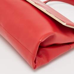Pre Owned CH Carolina Herrera Red Leather Metal Bar Flap Top Handle Bag