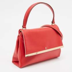 Pre Owned CH Carolina Herrera Red Leather Metal Bar Flap Top Handle Bag