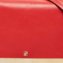 Pre Owned CH Carolina Herrera Red Leather Metal Bar Flap Top Handle Bag