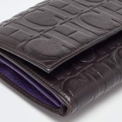 Pre Owned CH Carolina Herrera Brown Monogram Embossed Leather Trifold Clutch
