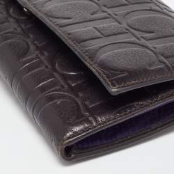 Pre Owned CH Carolina Herrera Brown Monogram Embossed Leather Trifold Clutch