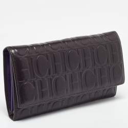 Pre Owned CH Carolina Herrera Brown Monogram Embossed Leather Trifold Clutch