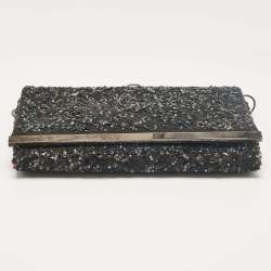 CH Carolina Herrera Black Fabric Beads Embellished Fabric Chain Clutch