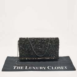 CH Carolina Herrera Black Fabric Beads Embellished Fabric Chain Clutch