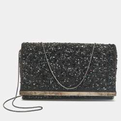 CH Carolina Herrera Black Fabric Beads Embellished Fabric Chain Clutch