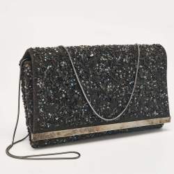 CH Carolina Herrera Black Fabric Beads Embellished Fabric Chain Clutch