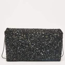 CH Carolina Herrera Black Fabric Beads Embellished Fabric Chain Clutch