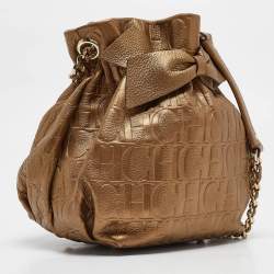 CH Carolina Herrera Gold Monogram Embossed Leather Bow Bucket Bag