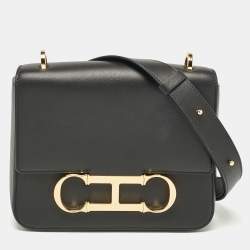 CH Carolina Herrera Black Leather Medium Initials Insignia Shoulder Bag