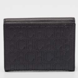 CH Carolina Herrera Black Monogram Leather Compact Wallet