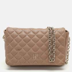 CH Carolina Herrera Beige Quilted Leather Flap Shoulder Bag