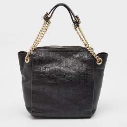 CH Carolina Herrera Black Monogram Embossed Leather Zip Chain Shoulder Bag