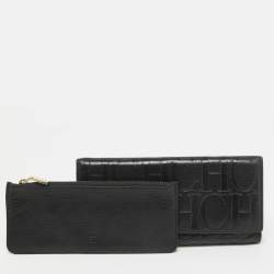 CH Carolina Herrera Black Monogram Embossed Leather Trifold Continental Wallet