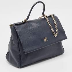 CH Carolina Herrera Blue Leather Minuetto Flap Top Handle Bag