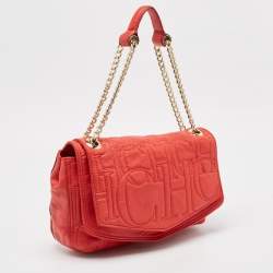 Pre Owned CH Carolina Herrera Red Monogram Leather Double Flap Shoulder Bag