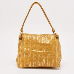 Pre Owned CH Carolina Herrera Yellow Monogram Embossed Leather Shoulder Bag