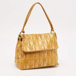 Pre Owned CH Carolina Herrera Yellow Monogram Embossed Leather Shoulder Bag
