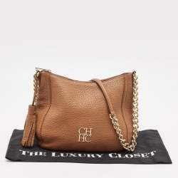 Pre Owned CH Carolina Herrera Brown Pebbled Leather Chain Tassel Shoulder Bag
